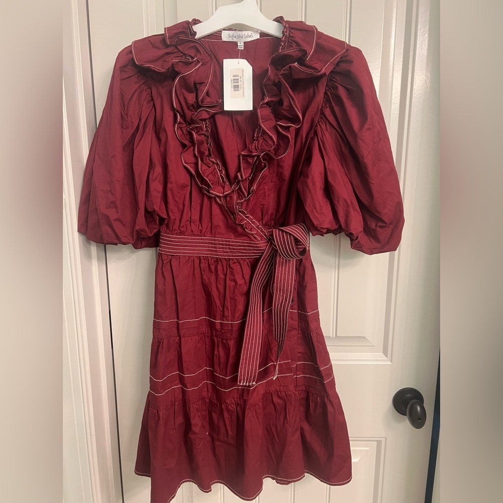 Crimson/Burgundy Ruffled Dress with Waist Tie and Puff Sleeves